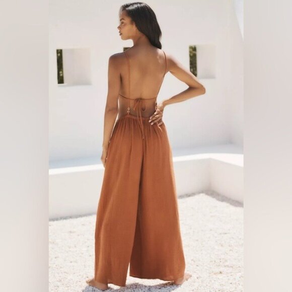 NEW By Anthropologie Boho Crochet Twofer Jumpsuit Rust Cream backless - Picture 8 of 14